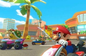 Mario Kart 8 Deluxe Review - Mario en vrienden die racen in kleurrijke voertuigen op een levendig circuit.