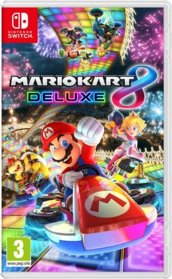 Mario Kart 8 Deluxe coverafbeelding met Mario en vrienden die racen in kleurrijke voertuigen op een levendig circuit.